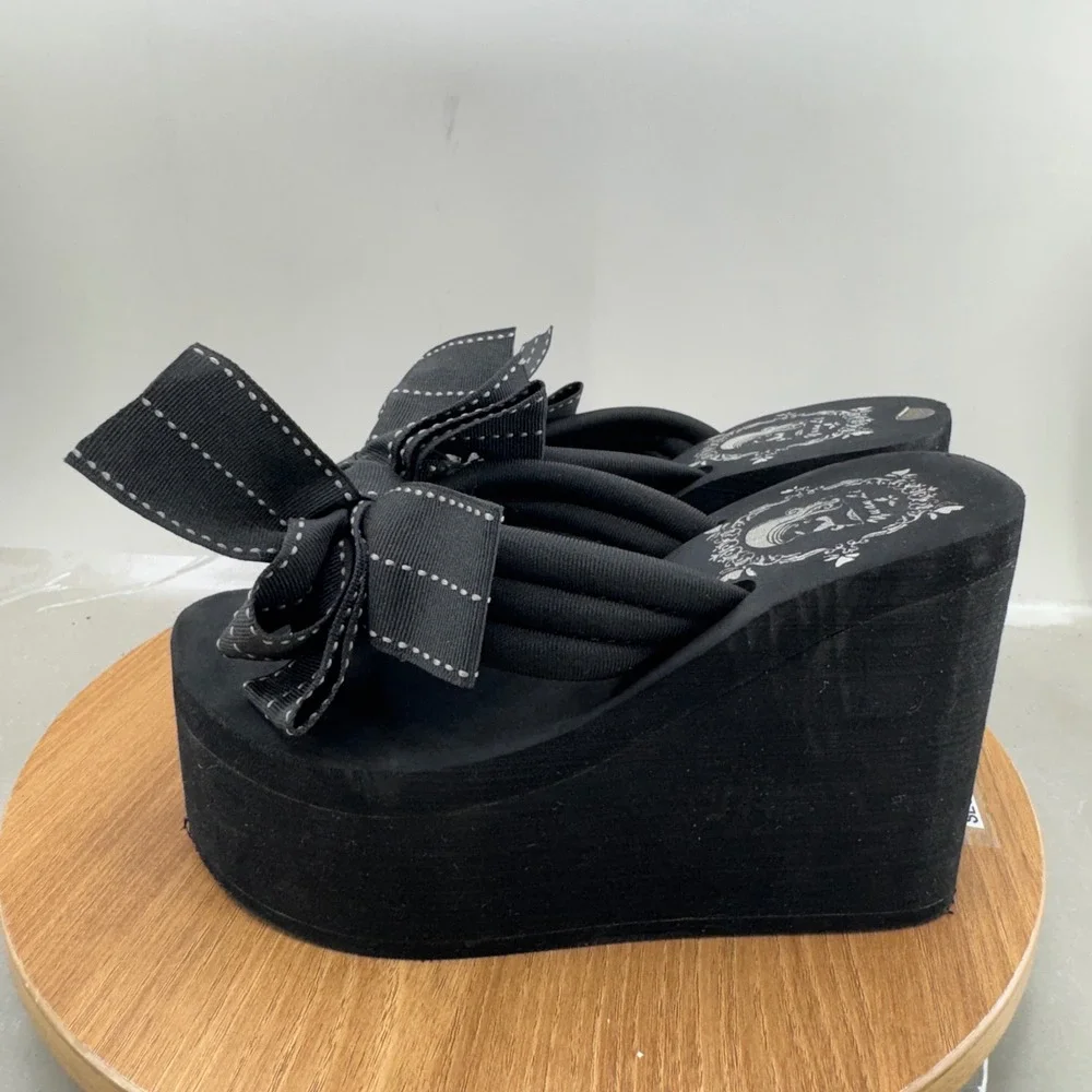 Yuan Li Platform Wedge Bow Sandals Thong Womens 35 5 Black Y2K Coquette Goth